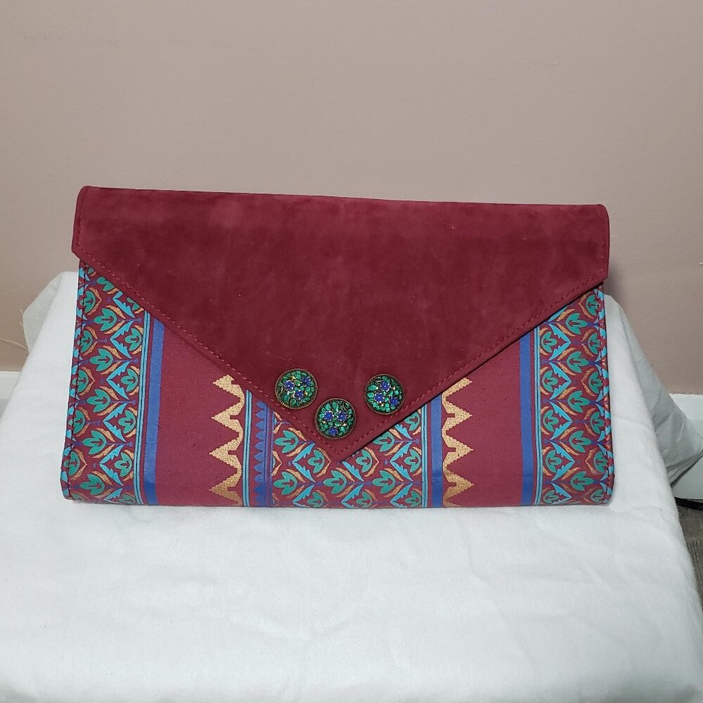 Vintage Boho Geometric Canvas & Suede Clutch | Floral Enamel Detail